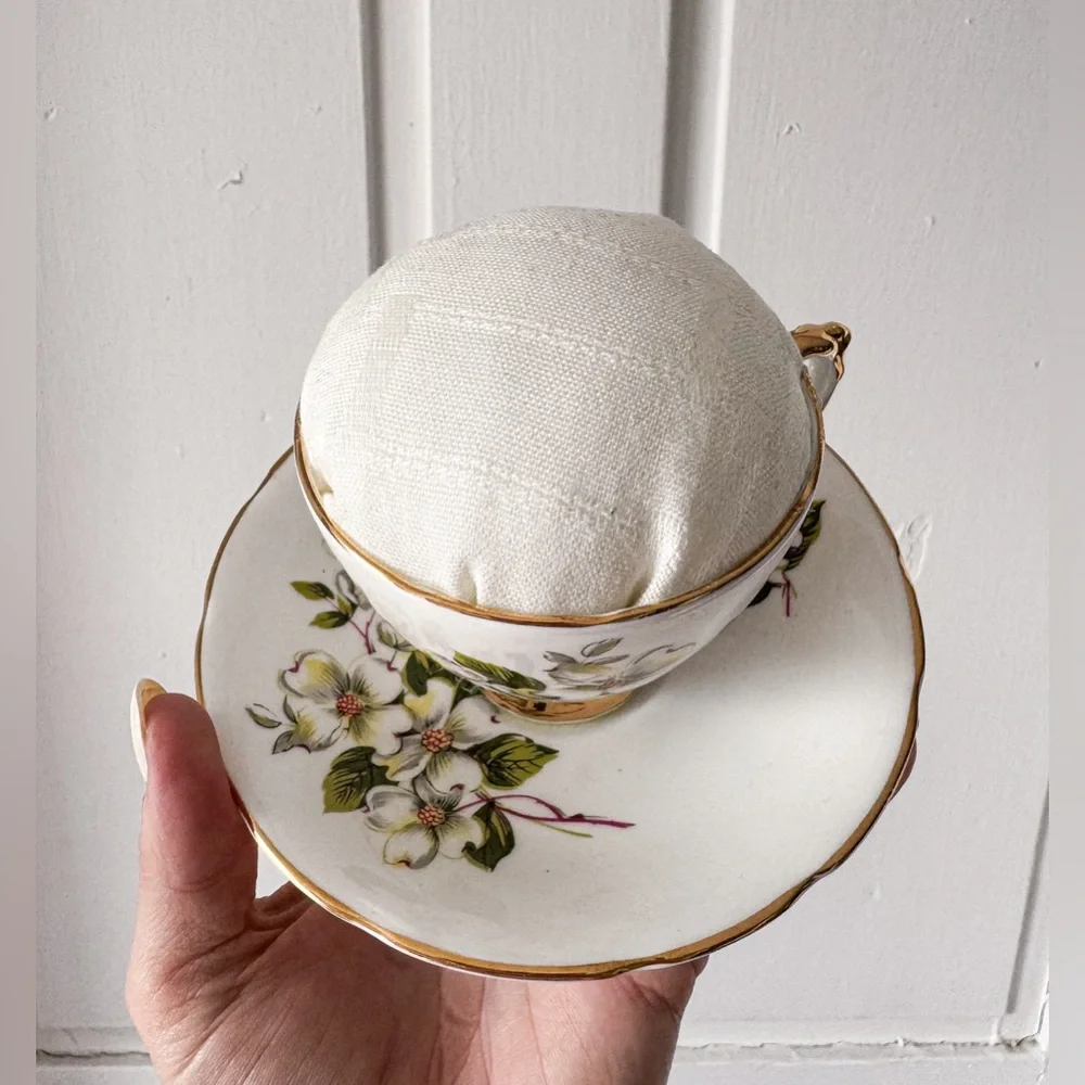 Repurposed Handmade Vintage Tea Cup Pincushion - Picture 3 of 9